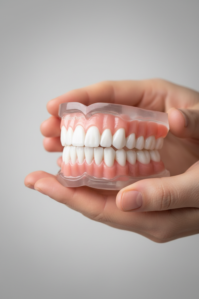 “Close-up of ComforaDent™ full denture set in hands, sparkling clean, bright neutral background, realistic lifestyle, portrait orientation, 1080×1920, WEBP, ~75 kB.”