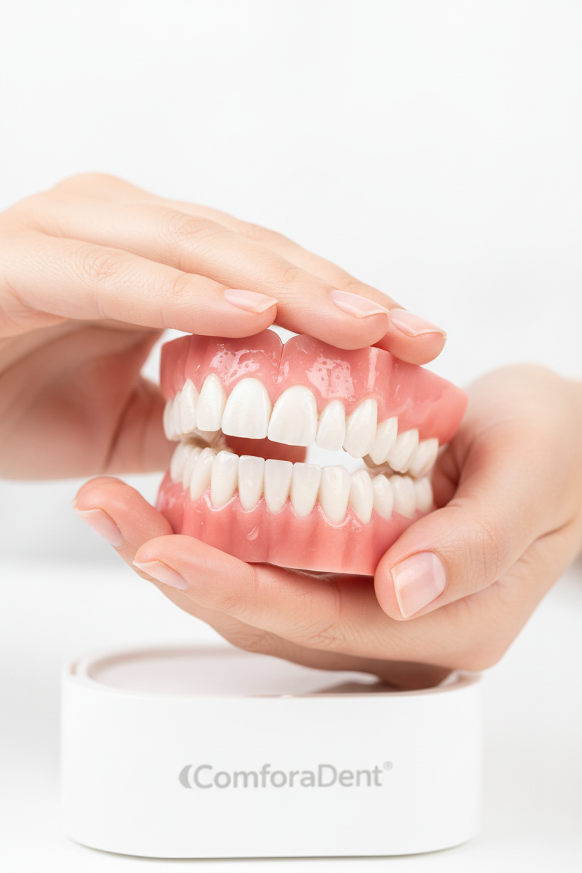 “ComforaDent™ dentures gently held in hands, fresh and hygienic, minimal bright background, realistic product-focused portrait, 1080×1920, WEBP, ~75 kB.”