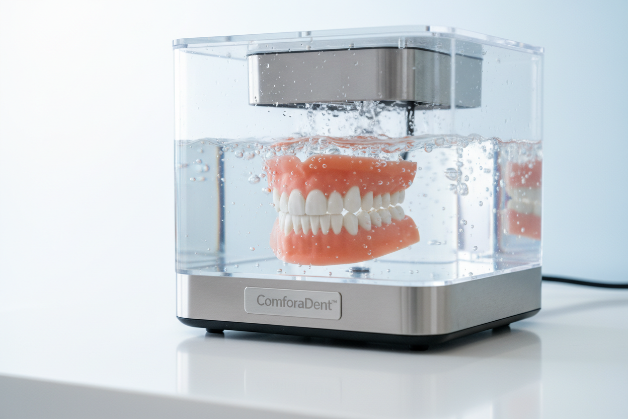 “ComforaDent™ full denture set displayed in a modern ultrasonic cleaner. Dentures appear spotless and shiny, with subtle bubbles or vibration effect to show cleaning action. Bright, clean, minimal background highlighting hygiene and freshness.”