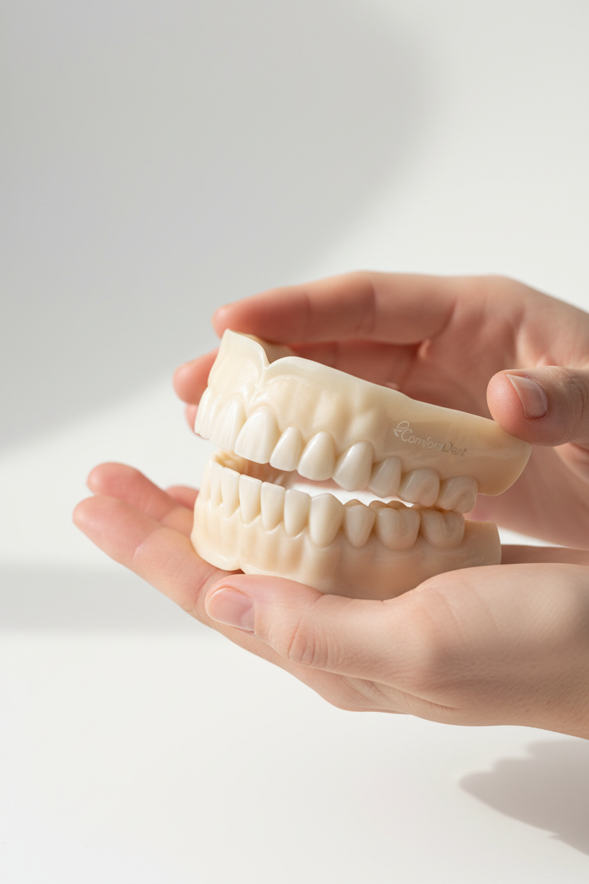 “ComforaDent™ full denture set held in hands, clean and shiny, bright minimal background, realistic lifestyle, portrait orientation, 1080×1920, WEBP, ~75 kB.”