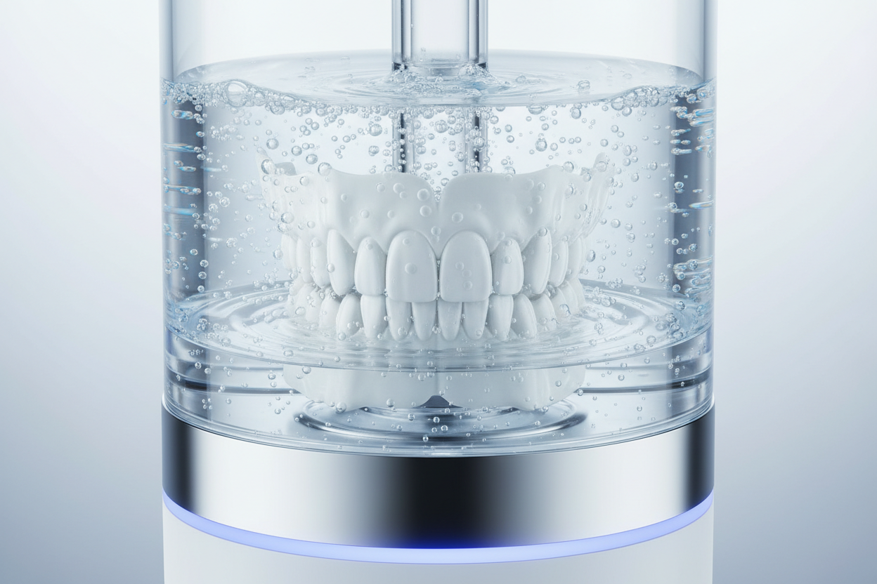 ComforaDent™ full denture set inside a sleek ultrasonic cleaning device, showing gentle bubbles or vibrations to indicate cleaning. Dentures look bright, spotless, and refreshed. Clean, minimal background emphasizing hygiene and freshness.”