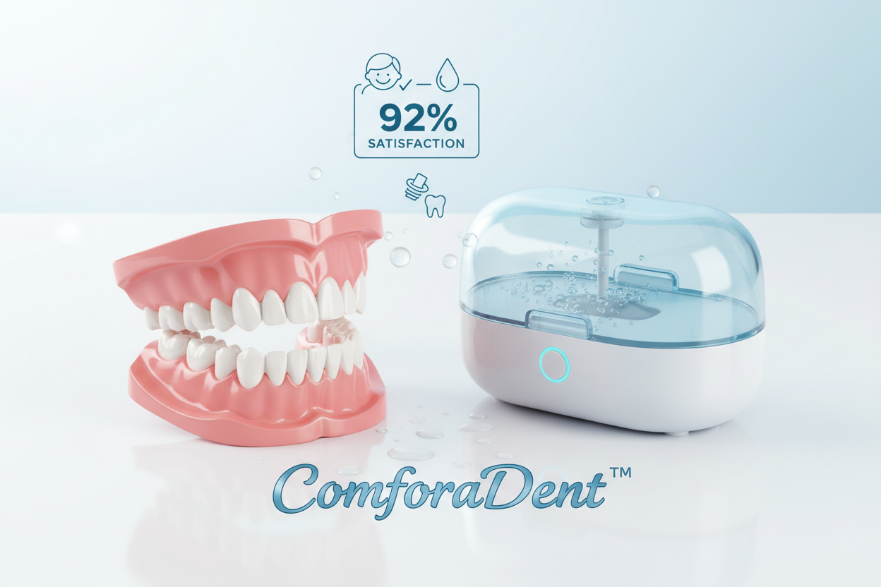 “ComforaDent™ full denture set next to a small ultrasonic cleaner, with clean, shiny dentures in focus. Include subtle graphics or icons showing ‘92% satisfaction’ and happy users. Bright, minimal background emphasizing hygiene, freshness, and effectiveness.”
