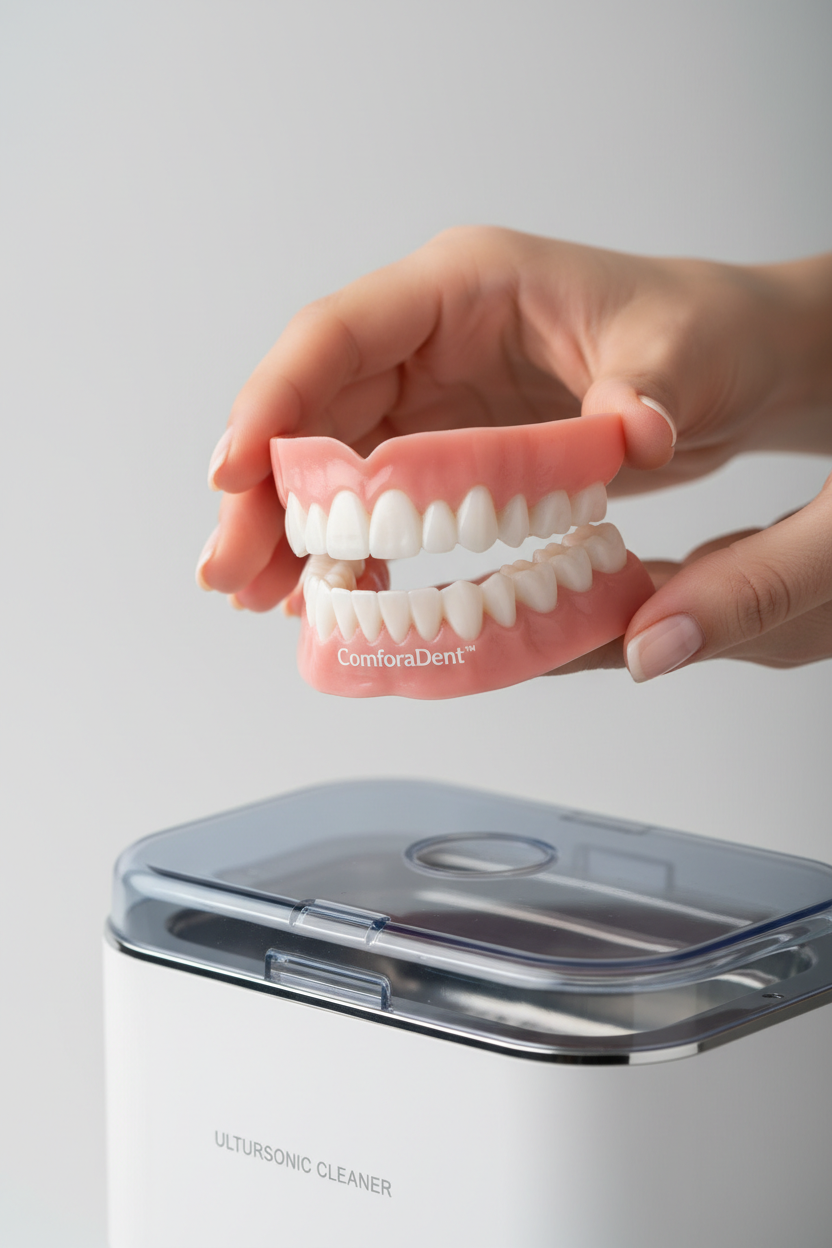 “Hands holding ComforaDent™ dentures above ultrasonic cleaner, bright soft lighting, minimal background, realistic product shot, portrait format, 1080×1920, WEBP, ~75 kB.”