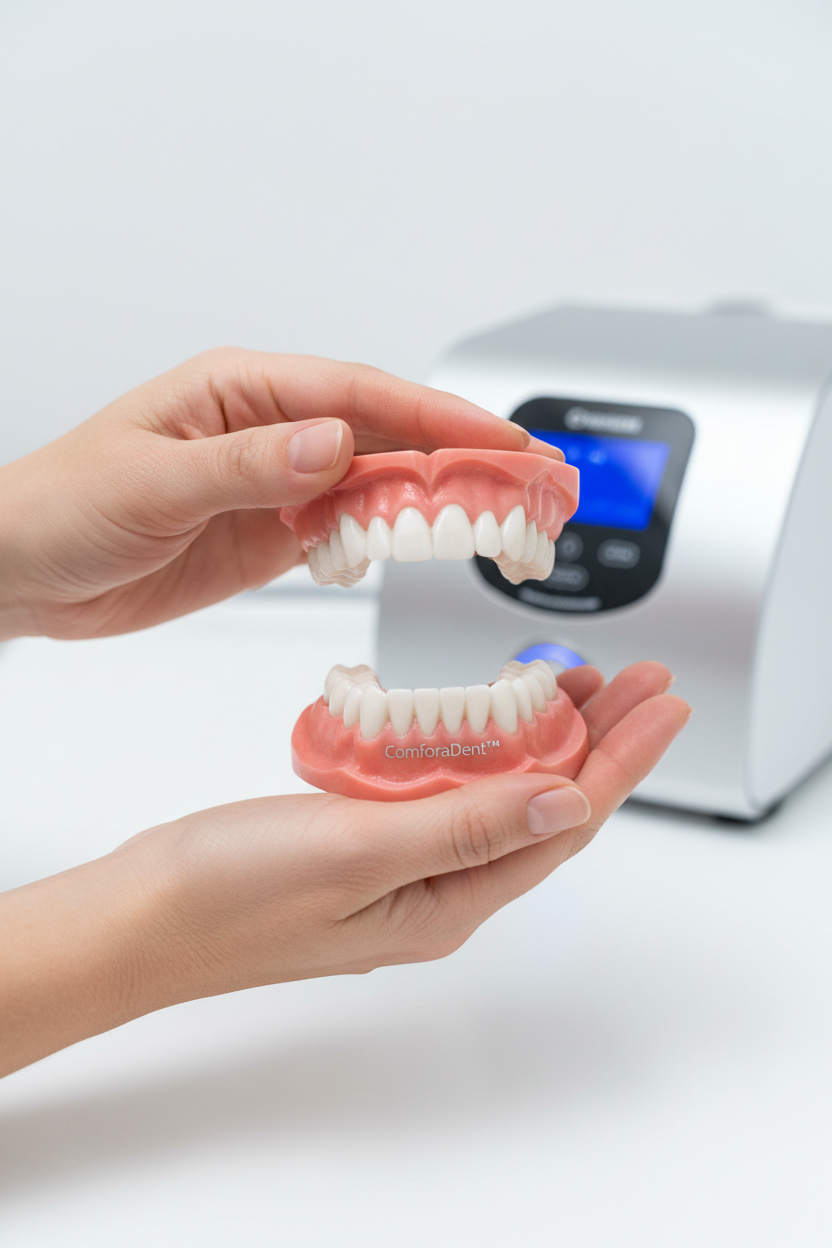 “Hands presenting ComforaDent™ full denture set, ultrasonic cleaner slightly visible, bright minimal background, realistic style, portrait orientation, 1080×1920, WEBP, ~75 kB.”