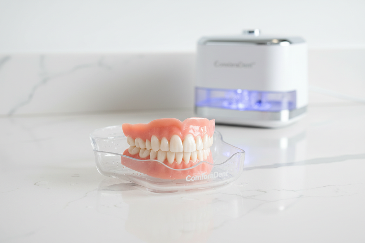 “High-quality, clean, and modern product image of ComforaDent™ full denture set. Show a clear denture tray with dentures inside, placed on a sleek countertop. Include a small ultrasonic cleaning device in the background with soft blue glowing light to suggest ultrasonic action. The scene should feel hygienic, fresh, and professional, emphasizing cleanliness and ease-of-use. Bright, soft lighting with minimal shadows, realistic textures, and a slightly premium look suitable for an e-commerce product page.”