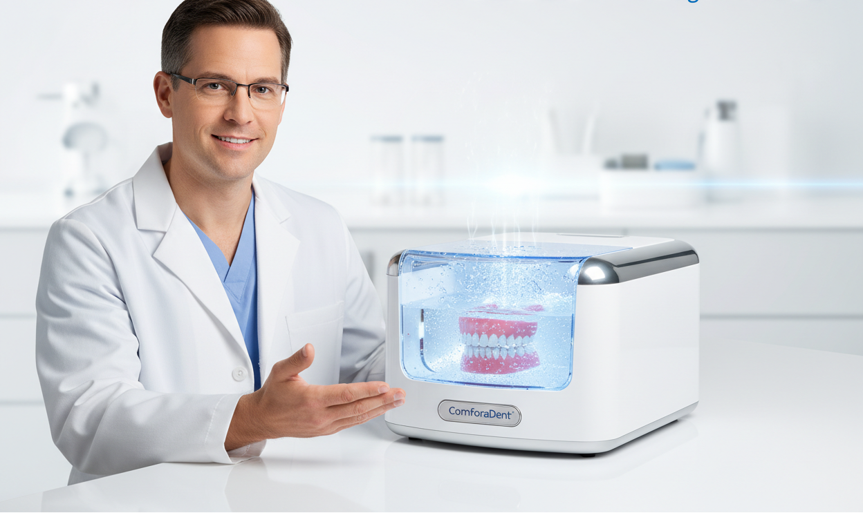 “Small, clean product image of ComforaDent™ full denture set in an ultrasonic cleaner, with a smiling doctor in a white coat beside it. Include subtle text overlay: ‘Proven Ultrasonic Cleaning for Dentures’. Minimal, bright background suitable for a product page section.”